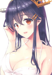 Rule 34 | 1girl, absurdres, adjusting hair, bare shoulders, bikini, bikini top only, black hair, blush, breasts, brown eyes, cleavage, hair between eyes, hair ornament, hairband, hairclip, hand in own hair, hand up, haruna (kancolle), headgear, highres, ichimatsu nana, kantai collection, long hair, looking at viewer, medium breasts, non-web source, parted lips, simple background, solo, swimsuit, white background, white bikini