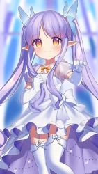Rule 34 | 1girl, blush, brown eyes, dress, elbow gloves, eskimofox, garter straps, gloves, highres, holding, holding own hair, kyoka (princess connect!), long hair, looking at viewer, outstretched arm, outstretched hand, pointy ears, princess connect!, purple hair, ribbon, solo, thighhighs, thighs, very long hair, white dress, white gloves, white thighhighs