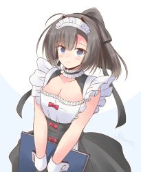 Rule 34 | 1girl, ahoge, akizuki (kancolle), alternate costume, black hair, black ribbon, breasts, cleavage, clipboard, commentary request, cowboy shot, dress, enmaided, frilled dress, frills, grey eyes, hair ribbon, highres, kantai collection, long hair, looking at viewer, maid, maid headdress, medium breasts, one-hour drawing challenge, ponytail, ribbon, shizuna kaede, simple background, solo, waitress, white background, wrist cuffs