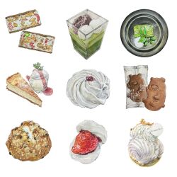 Rule 34 | bread, colored pencil (medium), cookie, food, food focus, fruit, ice cream, nanazu, no humans, original, pastry, pie, pie slice, plate, simple background, still life, strawberry, strawberry syrup, traditional media, whipped cream, white background