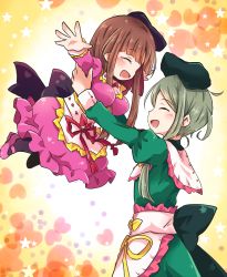 Rule 34 | 2girls, ^ ^, age difference, aged down, apron, black socks, blush, bow, breasts, brown hair, closed eyes, commentary request, dress, green dress, green hair, hat, heart, highres, juliet sleeves, lifting person, long sleeves, multiple girls, nishida satono, open mouth, outstretched arms, pink dress, pink footwear, pote (ptkan), puffy sleeves, ribbon, shoes, short hair with long locks, socks, star (symbol), tate eboshi, teireida mai, touhou, waist apron, waist bow, yellow background