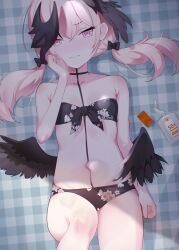 Rule 34 | 1girl, absurdres, bikini, black bikini, black bow, black wings, blue archive, blush, bow, breasts, closed mouth, collarbone, commentary request, double-parted bangs, feathered wings, floral print, front-tie bikini top, front-tie top, hair between eyes, hair bow, halo, head wings, highres, knee up, koharu (blue archive), koharu (swimsuit) (blue archive), long hair, lotion, low twintails, low wings, lying, n3moni, navel, nose blush, official alternate costume, on back, pink eyes, pink hair, pink halo, print bikini, small breasts, solo, strapless, strapless bikini, sunscreen, swimsuit, twintails, wings