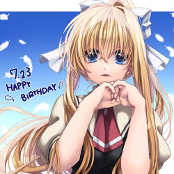 Rule 34 | 1girl, air (visual novel), ascot, blonde hair, blue eyes, commentary request, dated, day, eyelashes, eyes visible through hair, falling feathers, feathers, floating hair, hair between eyes, hair ribbon, hands up, happy birthday, highres, kamio misuzu, light smile, lips, long hair, looking at viewer, outdoors, own hands together, parted lips, ponytail, puffy short sleeves, puffy sleeves, red ascot, ribbon, ririi (ai-my talikng), school uniform, shirt, short sleeves, sidelocks, single hair intake, solo, straight hair, tareme, upper body, very long hair, white feathers, white ribbon, yellow shirt