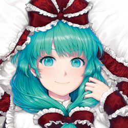 Rule 34 | 1girl, bow, commentary request, dress, eyelashes, frilled bow, frilled dress, frills, green eyes, green hair, hair bow, kageharu, kagiyama hina, lips, long hair, looking at viewer, lying, on bed, portrait, red bow, smile, solo, touhou