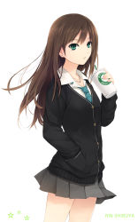 Rule 34 | 10s, 1girl, aqua eyes, brown hair, cardigan, character name, coffee, coffee-kizoku, earrings, hand in pocket, highres, holding, idolmaster, idolmaster cinderella girls, jewelry, long hair, looking at viewer, necklace, necktie, parted lips, pleated skirt, school uniform, shibuya rin, simple background, skirt, solo, white background