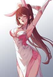 Rule 34 | 1girl, animal ears, arm behind head, armpits, arms up, bare legs, brown hair, cleavage cutout, clothing cutout, douluo dalu, dress, highres, long hair, one eye closed, open mouth, pink dress, ponytail, rabbit ears, shan chuan, solo, xiao wu (douluo dalu), yawning