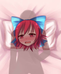 Rule 34 | 1girl, absurdres, blush, bow, dior-zi, disembodied head, full-face blush, hair bow, highres, open mouth, pillow, red eyes, red hair, sekibanki, shadow, short hair, silhouette, solo, tears, touhou, wavy mouth