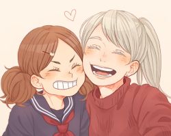 Rule 34 | 2girls, ^ ^, age difference, blonde hair, blush, brown hair, closed eyes, eyebrows, eyelashes, closed eyes, facing viewer, grin, haiba arisa, haikyuu!!, hair ornament, hairclip, happy, heart, laugh 111, long hair, multiple girls, open mouth, ponytail, portrait, red sweater, sailor collar, school uniform, smile, sweater, teeth, tongue, twintails, yamamoto akane