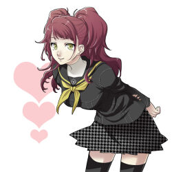 Rule 34 | 1girl, arms behind back, black sailor collar, black thighhighs, breasts, brown hair, closed mouth, commentary request, cowboy shot, earrings, heart, jewelry, kujikawa rise, leaning forward, looking at viewer, medium breasts, neckerchief, oto nagi, persona, persona 4, pleated skirt, sailor collar, school uniform, skirt, smile, solo, thighhighs, twintails, yasogami school uniform, yellow eyes, yellow neckerchief