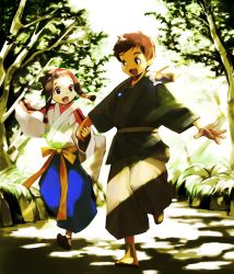Rule 34 | 2boys, animal, belt, brown hair, chagum, child, forest, genda, happy, japanese clothes, kimono, male focus, multiple boys, nature, open mouth, outdoors, running, seirei no moribito, sunlight, time paradox