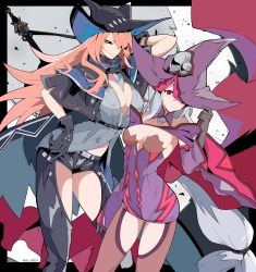 Rule 34 | 2girls, absurdres, arknights, bb m0024, black sclera, blazblue, breasts, cleavage, clothing cutout, colored sclera, commission, cosplay, costume switch, dress, gloves, hand on own hip, hat, highres, konoe a. mercury, large breasts, long hair, long sleeves, looking at viewer, md5 mismatch, multiple girls, pink hair, red eyes, resized, resolution mismatch, signature, skadi (arknights), source smaller, stomach cutout, sword, thigh cutout, upscaled, weapon, white hair, witch hat, yellow eyes