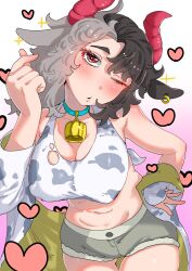 1girl alternate_costume animal_print bell black_hair breasts covered_erect_nipples cow_print cowbell cowboy_shot crop_top finger_heart gradient_background grey_hair hand_on_own_hip haori head_tilt heart highres japanese_clothes large_breasts looking_at_viewer medium_hair midriff multicolored_hair navel off_shoulder one_eye_closed parted_lips short_shorts shorts sobayu_to_tenpura sparkle torn_clothes touhou two-tone_hair ushizaki_urumi