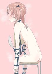 Rule 34 | 1girl, ass, bdsm, blush, bondage, bound, bow, breasts, brown hair, female focus, girls und panzer, hair bow, hair ornament, highres, kadotani anzu, nipples, nude, pero (gessoyo), pink background, shiny skin, short hair, simple background, small breasts, solo