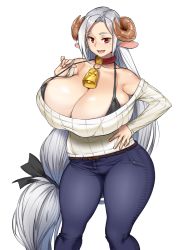 Rule 34 | 1girl, animal ears, bare shoulders, bell, belt, blaccura, black bra, bra, bralines, breasts, cleavage, collar, commission, covered navel, cow ears, cowbell, curled horns, curvy, denim, hand on own hip, heart, highres, horns, huge breasts, jeans, long hair, looking at viewer, low-tied long hair, mole, mole under eye, neck bell, off-shoulder, off-shoulder sweater, off shoulder, open mouth, original, pants, parted bangs, plump, red eyes, ribbed sweater, silver hair, simple background, smile, solo, standing, strap pull, sweater, thick thighs, thighs, underwear, very long hair, white background, white sweater