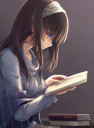 Rule 34 | 1girl, arigato (rmskrtkdlqj), black hair, blue eyes, blue shirt, blush, book, book stack, breasts, collarbone, frilled sleeves, frills, from side, grey background, hairband, holding, holding book, idolmaster, idolmaster cinderella girls, jewelry, long hair, long sleeves, looking down, medium breasts, necklace, open book, parted lips, pendant, reading, sagisawa fumika, shawl, shirt, sidelocks, sitting, solo, tears, turtleneck, upper body, white hairband