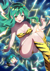 Rule 34 | 1girl, :&gt;, ahase hino, animal print, bikini, blush, boots, breasts, commentary request, cone horns, demon girl, electricity, electrokinesis, fangs, green hair, highres, horns, knee boots, lightning, looking at viewer, lum, medium breasts, oni, pointy ears, smile, solo, strapless, strapless bikini, swimsuit, thighs, tiger print, tiger stripes, urusei yatsura, yellow bikini, yellow eyes