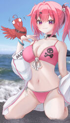 Rule 34 | 1girl, ahoge, animal, animal on hand, aqua wristband, artist name, bare shoulders, beach, bikini, black choker, black ribbon, blue sky, blurry, blurry background, blush, breasts, brown hair, cameltoe, choker, cleavage, cleft of venus, closed mouth, collarbone, commentary, day, dirty, eyelashes, fang, front-tie bikini top, front-tie top, goddess of victory: nikke, hair between eyes, hair intakes, hair ornament, hair ribbon, hairclip, heart, heart in eye, highres, jacket, jacket partially removed, kneeling, large breasts, laughing, legs, long sleeves, looking at viewer, mast (a pirate&#039;s heart) (nikke), mast (nikke), morgan (nikke), multicolored hair, navel, ocean, outdoors, pink bikini, pulling own clothes, purple eyes, raised eyebrows, red hair, ribbon, sand, sia233333, side-tie bikini bottom, skin fang, skull choker, skull hair ornament, skull ornament, skull print, sky, smile, stomach, strap pull, streaked hair, swimsuit, symbol in eye, thighs, twintails, two-tone hair, white jacket, wristband
