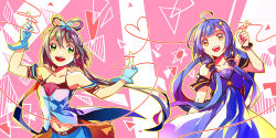 Rule 34 | 2girls, :d, ahoge, bad id, bad pixiv id, blue dress, blue hair, dress, feng you, gloves, green eyes, hair ornament, heart, heart of string, hexagram, index finger raised, long hair, looking to the side, luo tianyi, midriff, multiple girls, open mouth, pink background, purple hair, short hair with long locks, smile, star (symbol), star hair ornament, stellated octahedron, string, string of fate, triangle, twintails, very long hair, vocaloid, vocanese, xingchen