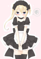 Rule 34 | 1girl, apron, black bow, black hairband, black shirt, black skirt, black thighhighs, blonde hair, blue eyes, blush, bow, closed mouth, detached collar, frilled sleeves, frills, hair between eyes, hairband, highres, lolita hairband, long hair, looking at viewer, maid, original, pink background, pleated skirt, shirt, simple background, skirt, solo, sparkle, spoken squiggle, squiggle, thighhighs, tia-chan, uchuuneko, waist apron, wavy mouth, white apron