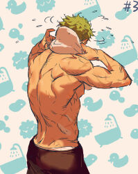 Rule 34 | 1boy, absurdres, ass, from behind, green hair, highres, male focus, male underwear, male underwear peek, nipples, no.6 (numberr 6), one piece, pectorals, roronoa zoro, short hair, solo, toned, toned male, topless male, towel, towel around neck, underwear, wet, wet hair, white male underwear