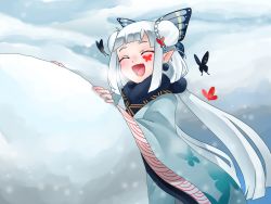 Rule 34 | 1girl, bug, butterfly, butterfly wings, closed eyes, double bun, earrings, facial mark, fur trim, hair bun, hair ornament, highres, insect, insect wings, japanese clothes, jewelry, kimono, kochou no sei (onmyoji), long hair, onmyoji, open mouth, pointy ears, purple musume, snow, snowball, snowing, solo, upper body, white hair, wings