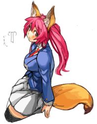 Rule 34 | 10s, 1girl, animal ears, black thighhighs, blush, brown eyes, cropped legs, fate/extra, fate (series), fox ears, fox tail, long hair, necktie, pink hair, sachito, school uniform, simple background, sketch, solo, tail, tamamo no mae (fate/extra), thighhighs, twintails, white background, zettai ryouiki