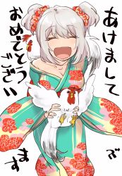 Rule 34 | 1girl, ^ ^, ^o^, azu (azu401), bare shoulders, bird, blue eyes, chicken, chinese zodiac, closed eyes, closed eyes, grey hair, highres, japanese clothes, kimono, new year, off shoulder, rooster, simple background, solo, tejina senpai, tejina senpai (series), translation request, white background, year of the rooster