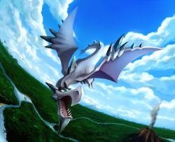 Rule 34 | 10s, aerodactyl, bad id, bad pixiv id, blue sky, claws, cloud, cloudy sky, creatures (company), day, fangs, flying, forest, game freak, gen 1 pokemon, green eyes, ho4, mega aerodactyl, mega pokemon, nature, nintendo, no humans, pokemon, pokemon (creature), pokemon xy, river (riii iiiver), sky, smoke, solo, spikes, volcano, wings