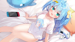 Rule 34 | 1girl, aqua eyes, bed, bed sheet, blue hair, bottomless, bow, breasts, denfunsan, dutch angle, hair between eyes, hair bow, hair ornament, highres, long hair, looking at viewer, medium breasts, naked shirt, nintendo switch, no panties, on bed, shirt, short sleeves, sitting, smile, smiley face, solo, tail, virtual youtuber, yellow bow