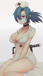 Rule 34 | 1girl, between breasts, between legs, blue hair, bonesaw, breasts, choker, cleavage, collarbone, half-closed eyes, hand between legs, hat, highres, laabje, large breasts, looking at viewer, mask, mouth mask, nurse cap, ponytail, red eyes, saw, sitting, skullgirls, solo, surgical mask, sweat, thermometer, valentine (skullgirls), white background