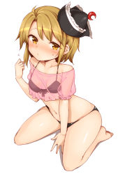 Rule 34 | 1girl, bare legs, bare shoulders, barefoot, bikini, black bikini, black hat, blonde hair, blush, breasts, collarbone, commentary request, crescent, flying sweatdrops, full body, harusame (unmei no ikasumi), hat, kneeling, leaning forward, looking at viewer, lunasa prismriver, medium hair, navel, see-through, simple background, small breasts, solo, sweat, swimsuit, tilted headwear, touhou, white background, yellow eyes