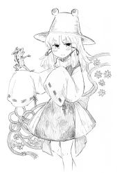 Rule 34 | 1girl, absurdres, bad id, bad twitter id, blush, closed mouth, dress, frog, greyscale, hair ribbon, hat, highres, leaf, long sleeves, looking at viewer, maple leaf, medium hair, monochrome, moriya suwako, ribbon, simple background, sleeves past fingers, sleeves past wrists, smile, solo, standing, touhou, tsukiori, white background, wide sleeves