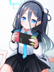 Rule 34 | 1girl, absurdres, aris (blue archive), black skirt, blue archive, blue eyes, blue halo, blue necktie, blush, collared shirt, hair between eyes, halo, handheld game console, highres, holding, holding handheld game console, long bangs, long hair, looking at viewer, necktie, one side up, petako (ptpt k), shirt, skirt, smile, solo, very long hair, white shirt