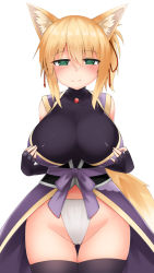 Rule 34 | 1girl, animal ears, black gloves, black thighhighs, blonde hair, blush, breast hold, breasts, cameltoe, cowboy shot, cowfee, dog days, closed eyes, fingerless gloves, fox ears, fox tail, fundoshi, gloves, gluteal fold, green eyes, groin, hair between eyes, huge breasts, japanese clothes, jewelry, looking at viewer, pendant, sash, side ponytail, simple background, sleeveless, solo, tail, thigh gap, thighhighs, white background, yukikaze panettone