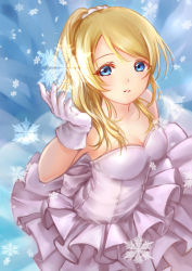 Rule 34 | 10s, 1girl, ayase eli, bare shoulders, blonde hair, blue eyes, blush, breasts, cleavage, clouble, dress, frills, gloves, long hair, love live!, love live! school idol project, medium breasts, open mouth, ponytail, purple dress, skirt, snow, snowflakes, snowing, solo