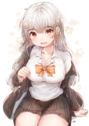Rule 34 | 1girl, blouse, blush, breasts, brown eyes, brown jacket, cleavage, clip studio paint (medium), collarbone, collared shirt, commentary, cowboy shot, fang, grey hair, highres, hiromaster sinta jh, jacket, large breasts, long hair, long sleeves, looking at viewer, off-shoulder jacket, off shoulder, open mouth, original, plaid, plaid skirt, shirt, signature, sitting, skirt, smile, solo, symbol-only commentary, white shirt