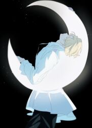 Rule 34 | 1boy, alien stage, bishounen, black background, black pants, blonde hair, closed mouth, colored eyelashes, crescent moon, facing to the side, katu-kata, long sleeves, looking at viewer, luka (alien stage), male focus, moon, pants, shirt, short hair, simple background, smile, solo, white shirt, yellow eyes