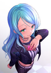 Rule 34 | 1girl, bang dream!, belt, belt buckle, black jacket, black pants, blue hair, blush, breasts, buckle, bustier, chain, chain necklace, checkered floor, choker, cleavage, closed eyes, collarbone, commentary request, condom, condom wrapper, feet out of frame, from above, green eyes, hikawa sayo, jacket, jewelry, kougai no nanigashi, leather, leather jacket, leather pants, long hair, long sleeves, looking at viewer, medium breasts, navel, necklace, pants, sidelocks, smile, solo, standing, stomach, striped, studded jacket, swept bangs, underbust, vertical stripes, white background, white belt