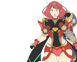 Rule 34 | 1boy, 1girl, armor, blush, grabbing another&#039;s breast, breasts, brown hair, commentary, gatyo 5, gem, gloves, grabbing, hair ornament, headpiece, helmet, hetero, jewelry, large breasts, looking at viewer, nintendo, pyra (xenoblade), red eyes, red hair, red shorts, rex (xenoblade), short hair, short shorts, shorts, simple background, surprised, swept bangs, tiara, white background, xenoblade chronicles (series), xenoblade chronicles 2