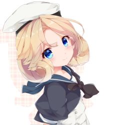 Rule 34 | 1girl, blonde hair, blue eyes, blue sailor collar, blush, dress, fuuna, hat, janus (kancolle), kantai collection, parted bangs, puffy short sleeves, puffy sleeves, sailor collar, sailor dress, sailor hat, short hair, short sleeves, smile, solo, upper body, white hat