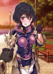 Rule 34 | 1girl, 1other, absurdres, adapted costume, armor, armored dress, bench, black gloves, black hair, blush, breasts, commission, cowboy shot, fire emblem, fire emblem awakening, fire emblem heroes, full-face blush, gloves, highres, igni tion, kiran (fire emblem), lamppost, long sleeves, medium breasts, morgan (female) (fire emblem), morgan (fire emblem), nintendo, official alternate costume, outdoors, pants, park, park bench, red eyes, robe, short hair, solo focus, tree, white pants
